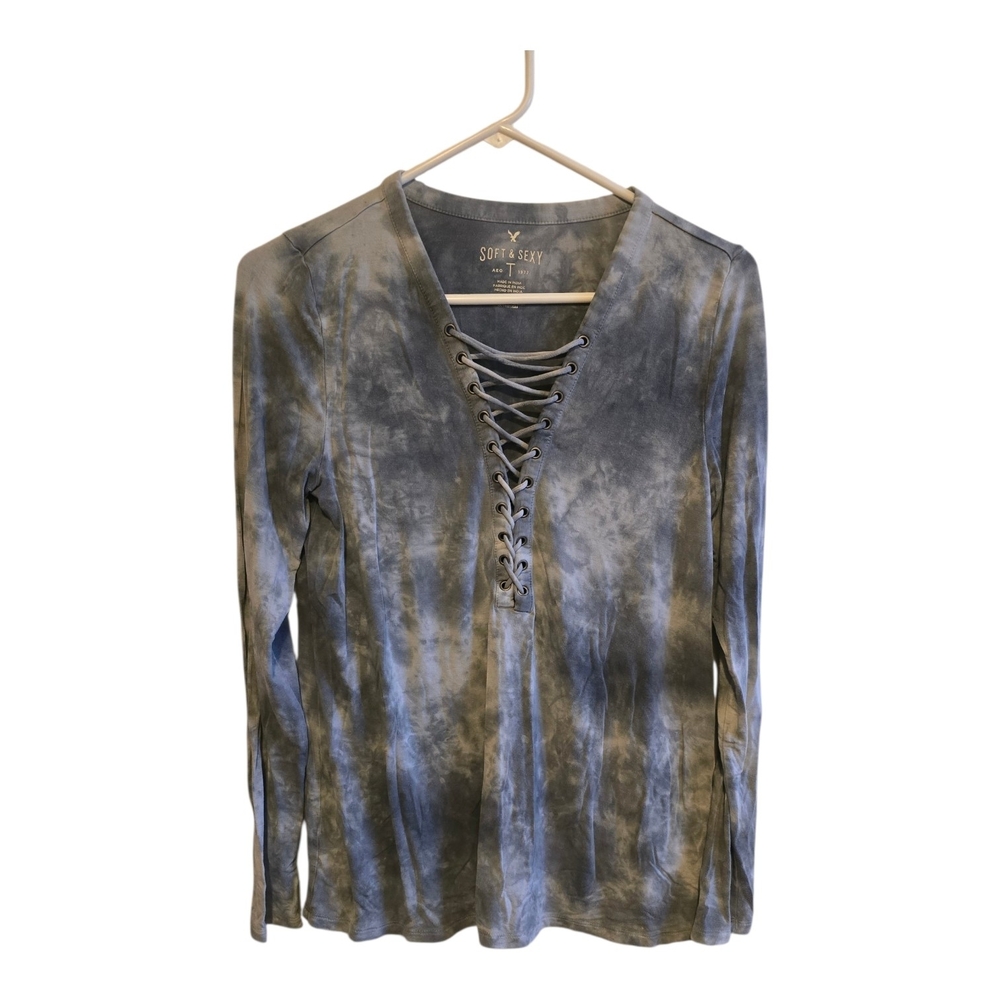 American Eagle Outfitters Blue Gray Tie-Dye Lace-Up Long Sleeve Top